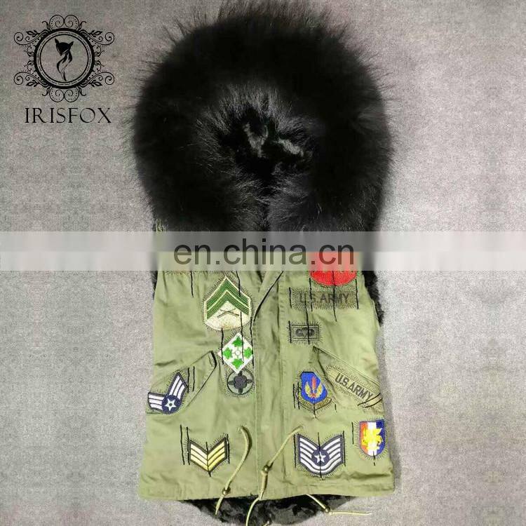 USA Super big fur collar, fashion green waistcoat women real fur vest for men