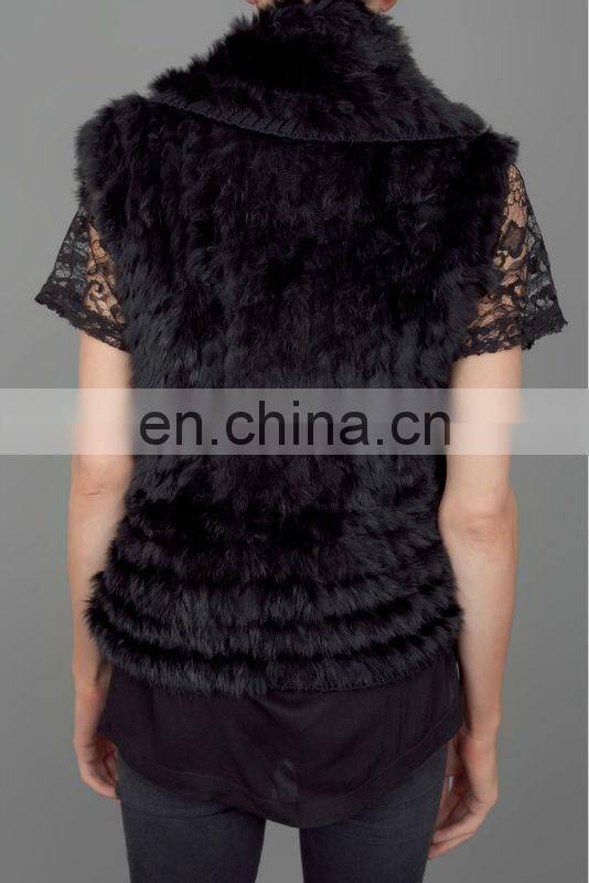 dyed black color rabbit fur knitting vest /with lace around shoulders