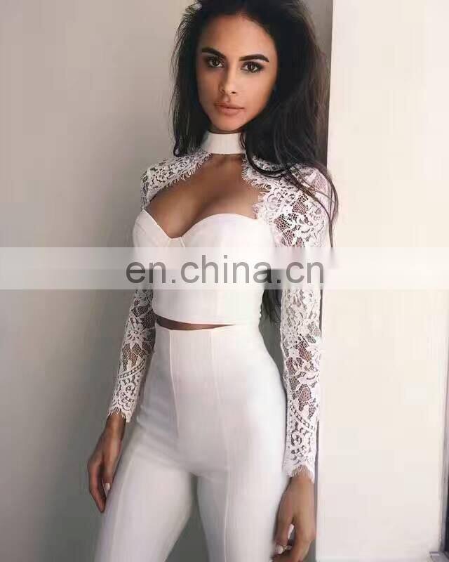 Amigo 2017 new design two piece sexy party wear bandage pants suit with long sleeve lace dew chest crop top and bodycon trouser