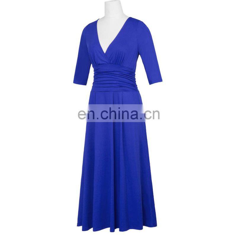Hanna Nikole Women's Solid Color Plus Size 3/4 Sleeve V-Neck Blue Evening Party Dress HN0023-3