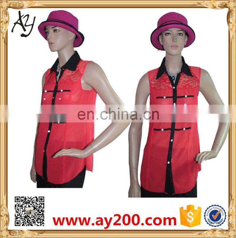 Chiffon collar sleeveless shirt/women high quality shirts