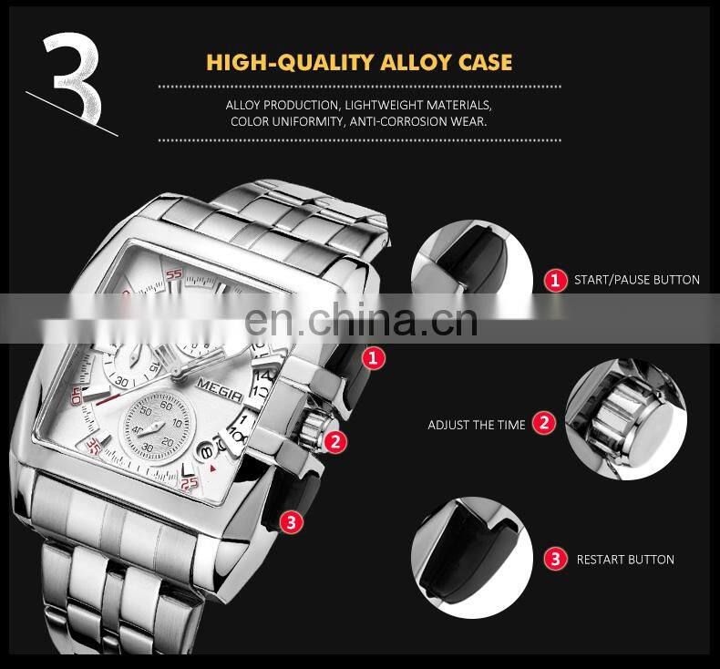 Megir 2018 Men's Square Stainless Steel Calendar Quartz Sport Military Chronograph Wristwatch Relogio Masculino