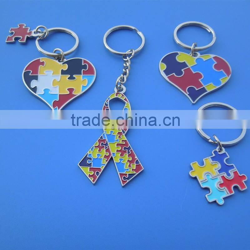Colorful Enamel Autism Awareness Puzzle Ribbon Heart Key Chain