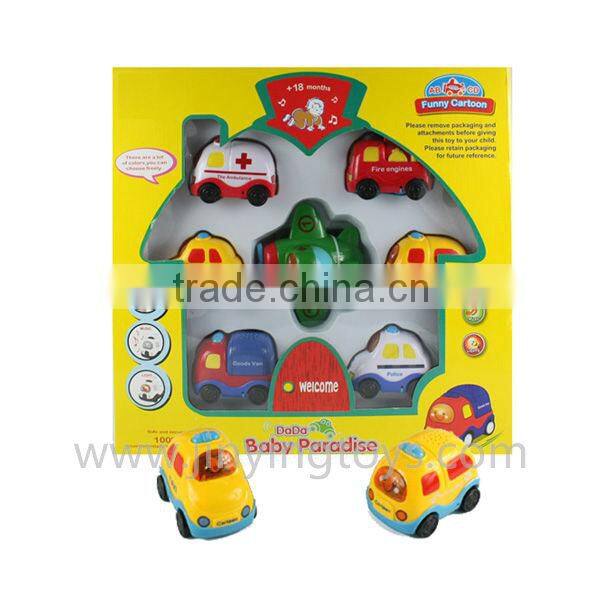 6pcs pull back plastic mini toy car and plane with light and music