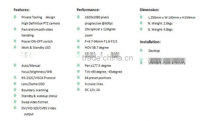 SVC-HD8820-DSY-K4 20x optical x 12 digital zoom HD-SDI/DVI-I/CVBS 1080p@60fps HD Color Video conference system camera