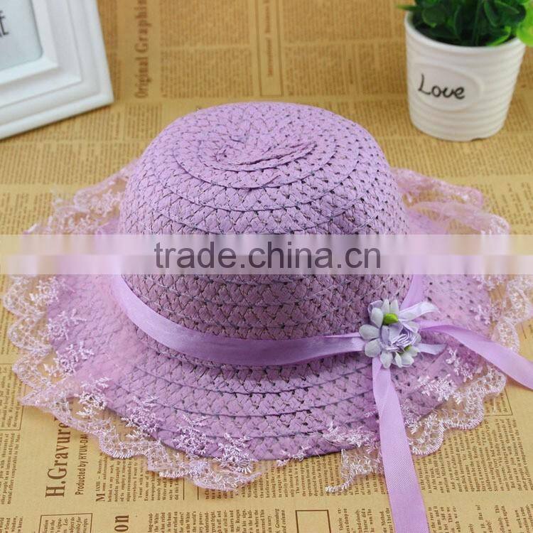 Cute Summer Child Girls Straw,Floppy Flower Beach Hat With Lace Embellishment