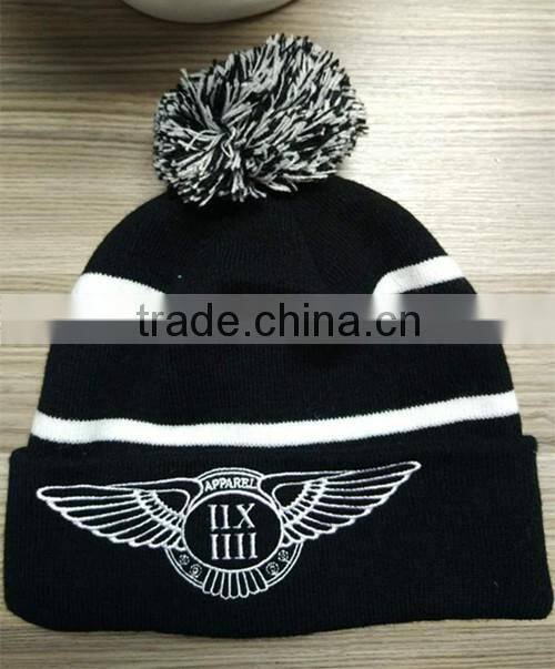 Free sample custom pom pom beanie hats wholesale with faux fur pom