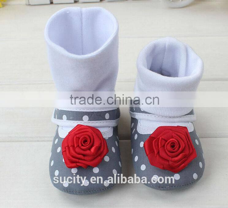 soft sole red flower fabric baby sock shoes
