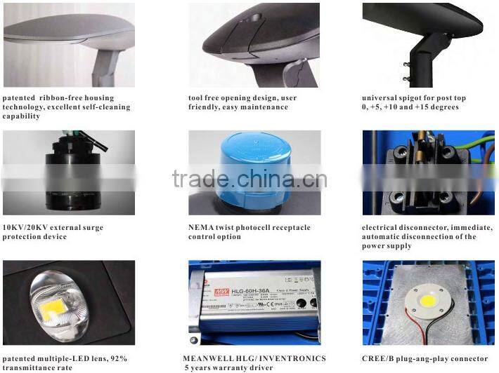 TUV-GS approved post top/side mounting patent lens high efficient 60w led street light