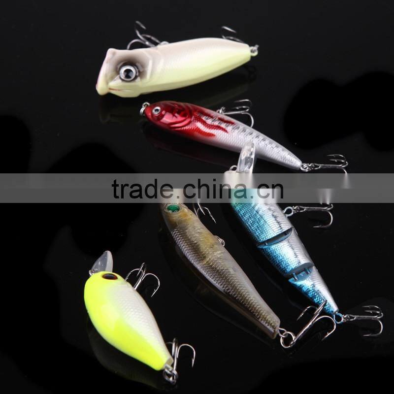 5pcs Fishing Hard Baits Lures Minnow Popper Crank Popper Carbon Steel Hook with Box