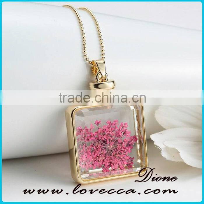 Square Gold Plated Locket Dried Real Flower Necklace