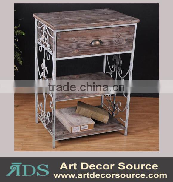 Antique metal frame console table with 4 wood drawers and shelf