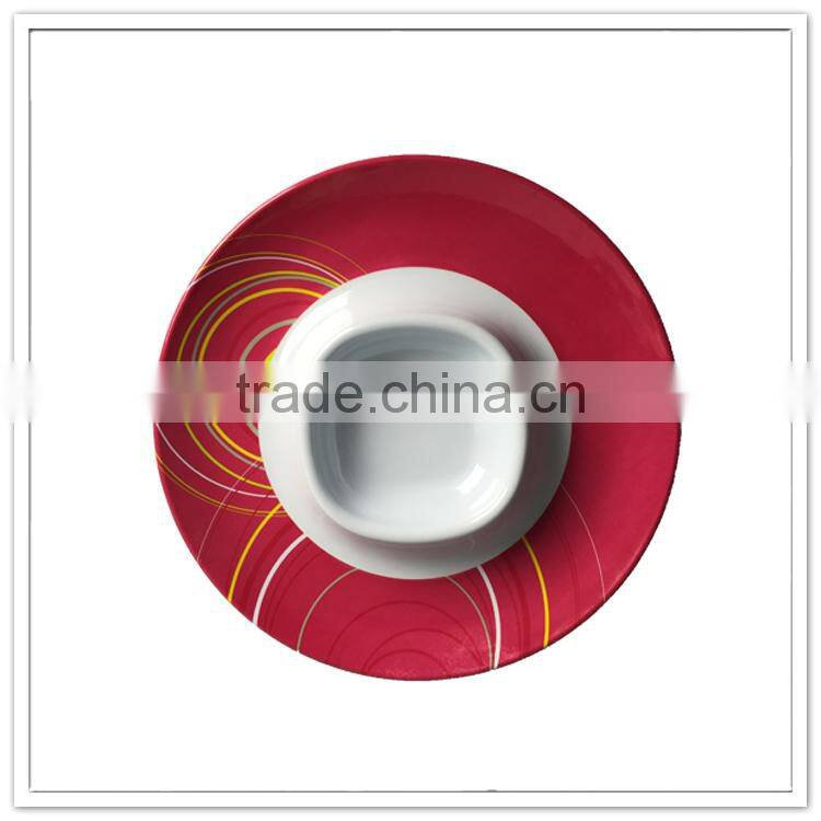 Best selling cheap houeseware fashion round decal plastic dip plate, melamine chip and dip bowl