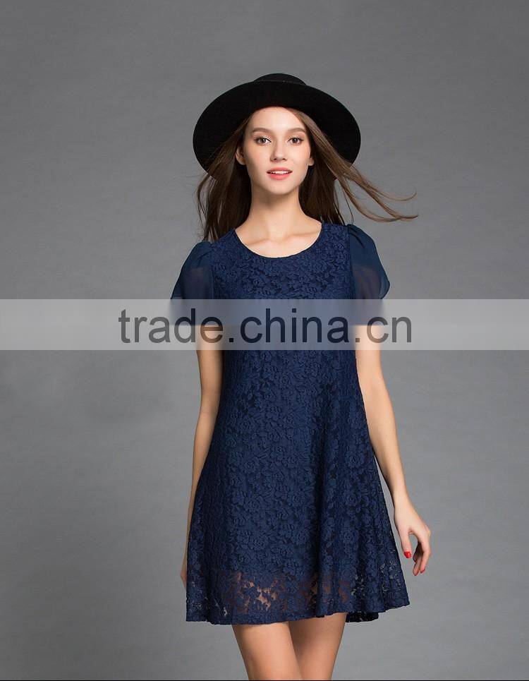 New designer short sleeve plain navy blue crochet lace one piece party dress