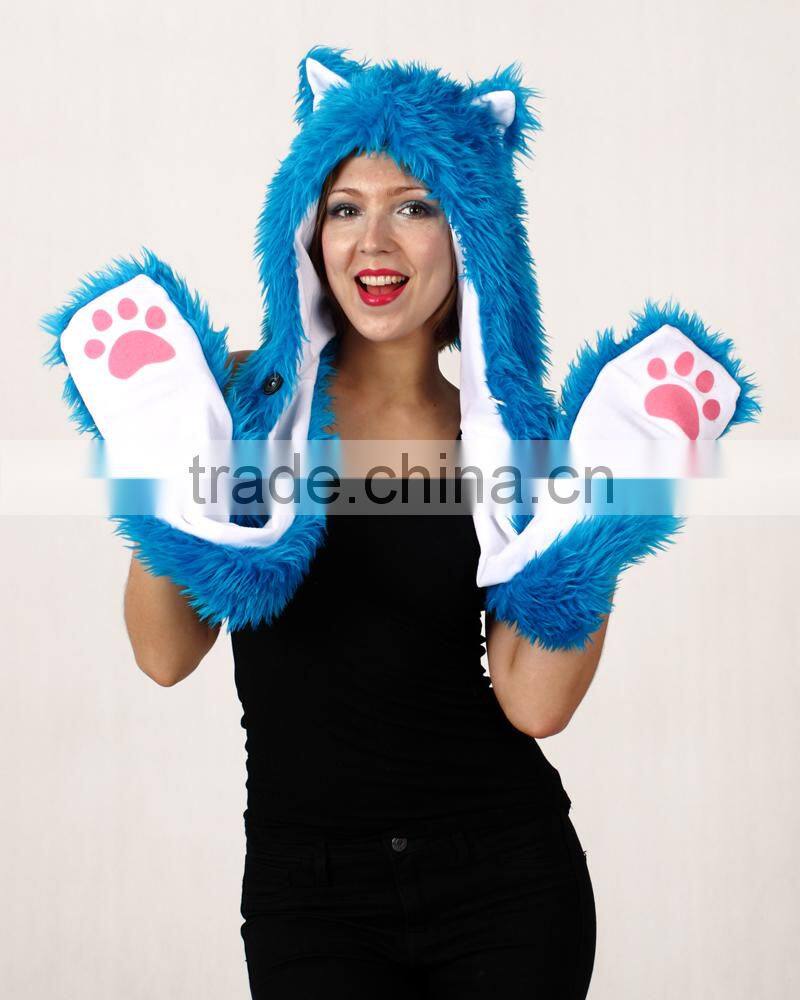 Wholesale Custom Long Scarf Mittens Faux Fur Wolf Head Animal Ears Hat