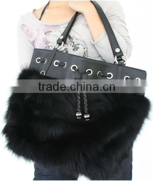 CX-H-10B High Quality Fashion Leather Handbags Women Real Fox Fur Ladies Hand Bag