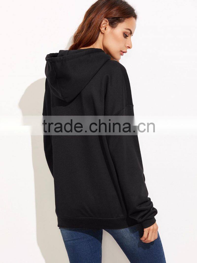 Black Abstract Custom Made Print Hoodie With Pocket Private Label Long Sleeve Hoodies Cotton French Terry