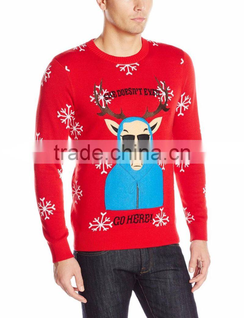 Men Red Sweater Blue Coat Reindeer Pattern Christmas Lights Jumper