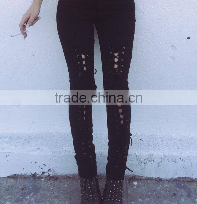 M1192 Runwaylover hollow cross bandage tight pants autumn demin pants