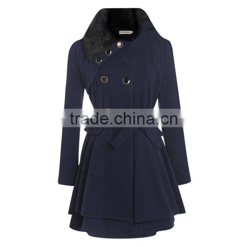 Women's Fashion Faux Fur Lapel Double-breasted Thick Wool Trench Coat Jacket