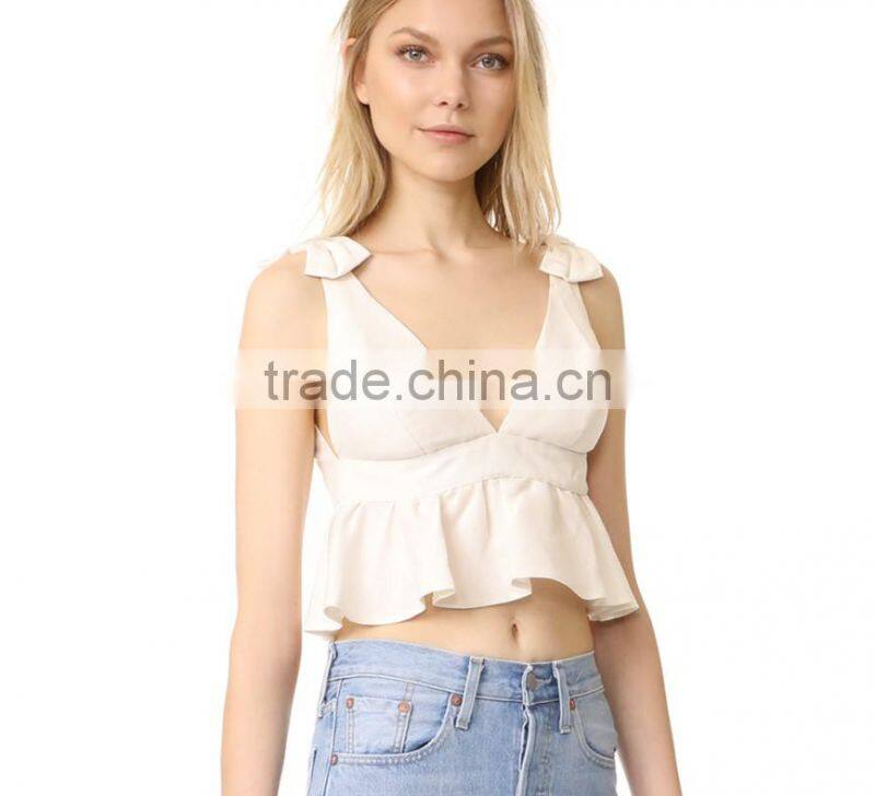 2017 OEM Girls Charming Bow Shoulder Harness Crop Cute Blouses