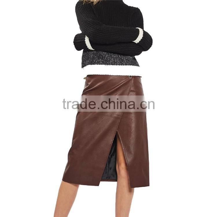 2017 OEM Spring Elegant Snap Wrap Midi Faux Leather Skirt