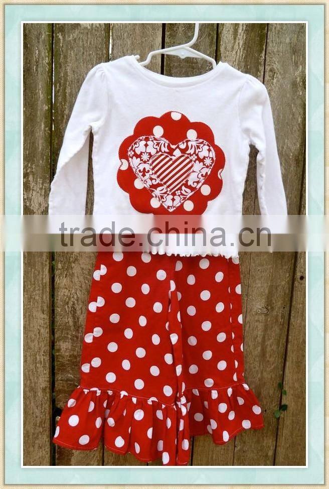 Girl's Valentine day boutique clothing kids wholesale spring outfits boutqiue Valentine applique heart shirt match ruffle pants