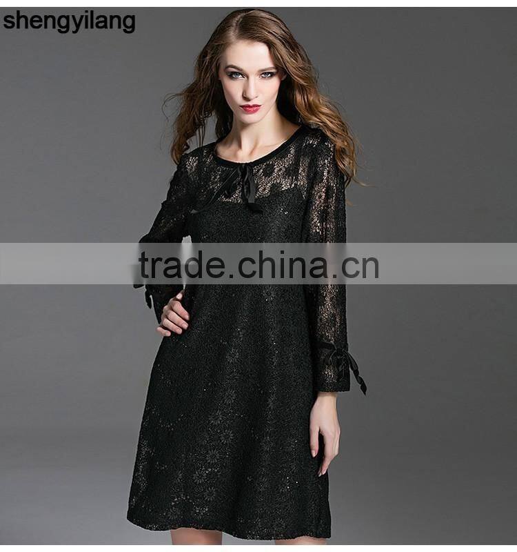 customize fashion black lace hollowed-out two-piece middle long dress