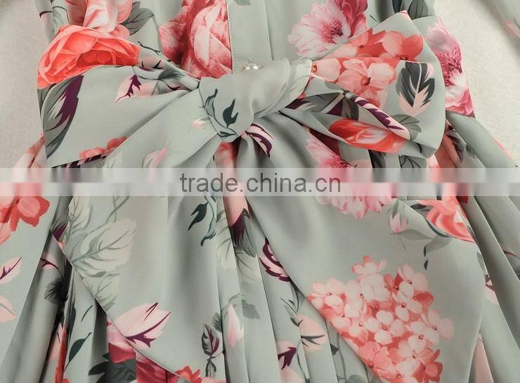 Ladies full printing bouffant lotus long sleeve temperament dress with belt