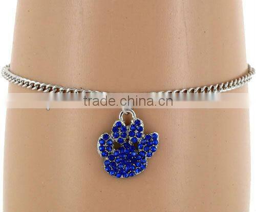 8" long/metal chain/purple crystal/0.75" paw print/lobster claw closure/petite bracelet