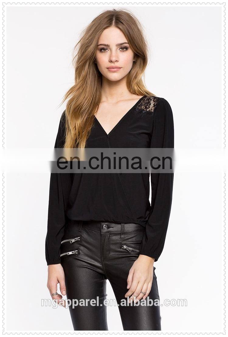 OEM cheap women fancy sexy long sleeves black chiffon blouse