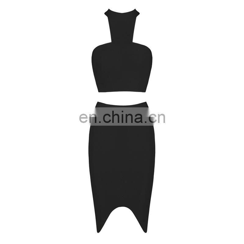 Amigo 2017 two pieces black bandage dress suit sexy evening dresses with halter crop top and midi irregular skirt for women