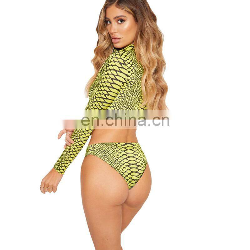 Women Sexy Bikini Set Long Sleeve Zip Up High Neck Crop Top Swimsuit Snake Skin Printing Low Waist Thong Beachwear suit