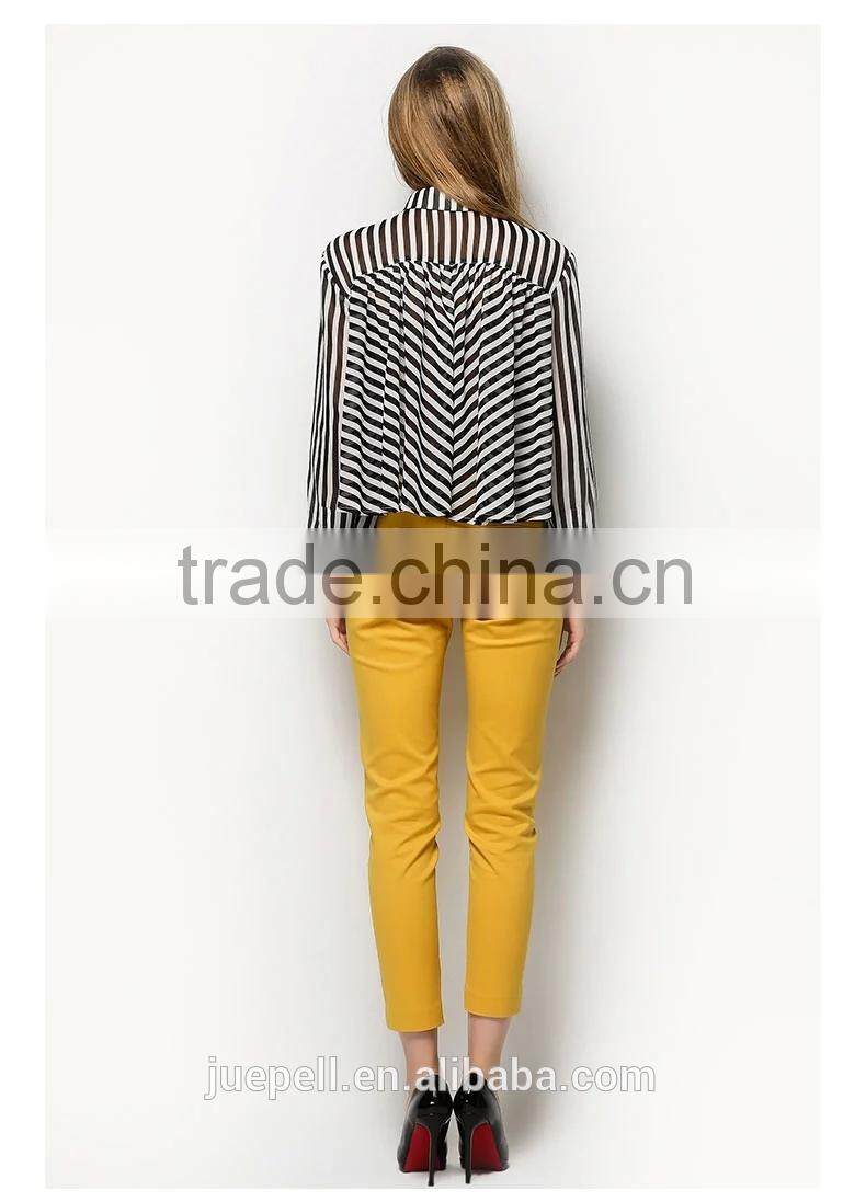 2015 Ladies' white and black stripe Long sleeve Chiffon Blouse for Summer