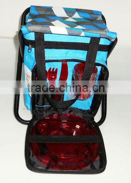 Bule Checkered Picnic Folder beach chairs with coolers and the tableware