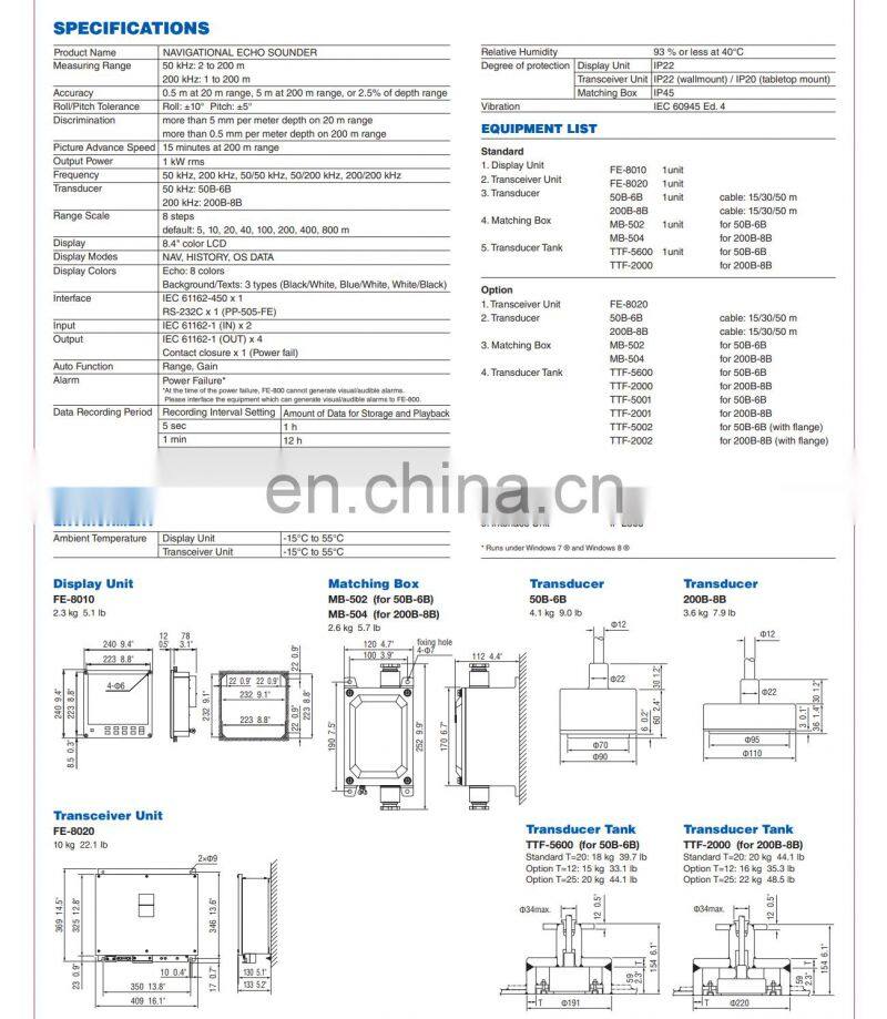 Marine electronics maritime navigation communication FURUNO FE-800 50 or 200KHz frequency radio IMO navigational echo sounder