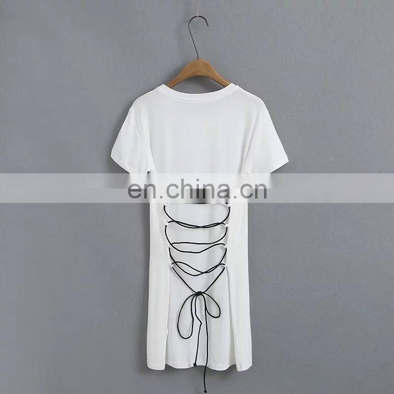 Customized sexy women's back cross tie rope mid-length short-sleeved T-shirt women summer new style dress