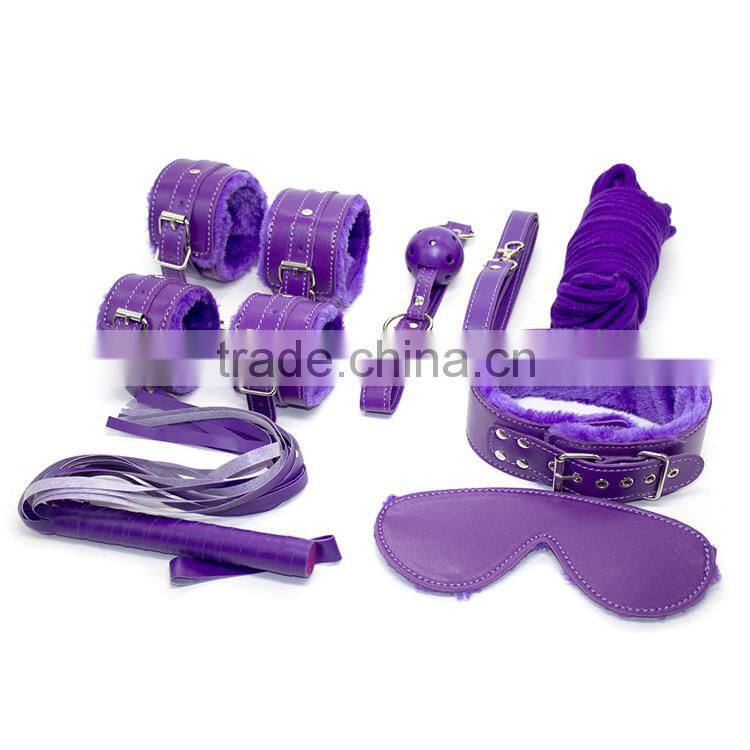 2016 Top Selling Fetish Leather Male Bondage Flirt 7 Sets in 1 Handcuffs Legcuffs Gag Eye patch whip Rope Collar Adult Games Toy
