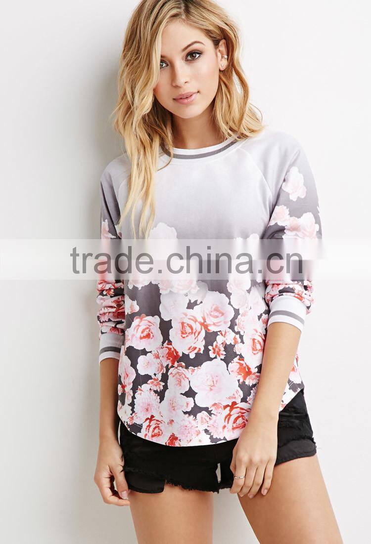 Women Ombre Floral Print Athletic Pullover with Curved Hemline