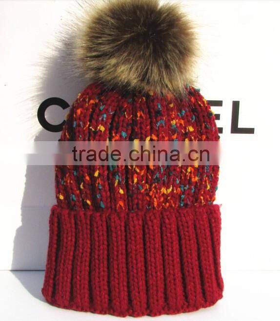 Fashion Korean Coloured Thread Knitting Faux Fur Pom Pom Beanie Hat