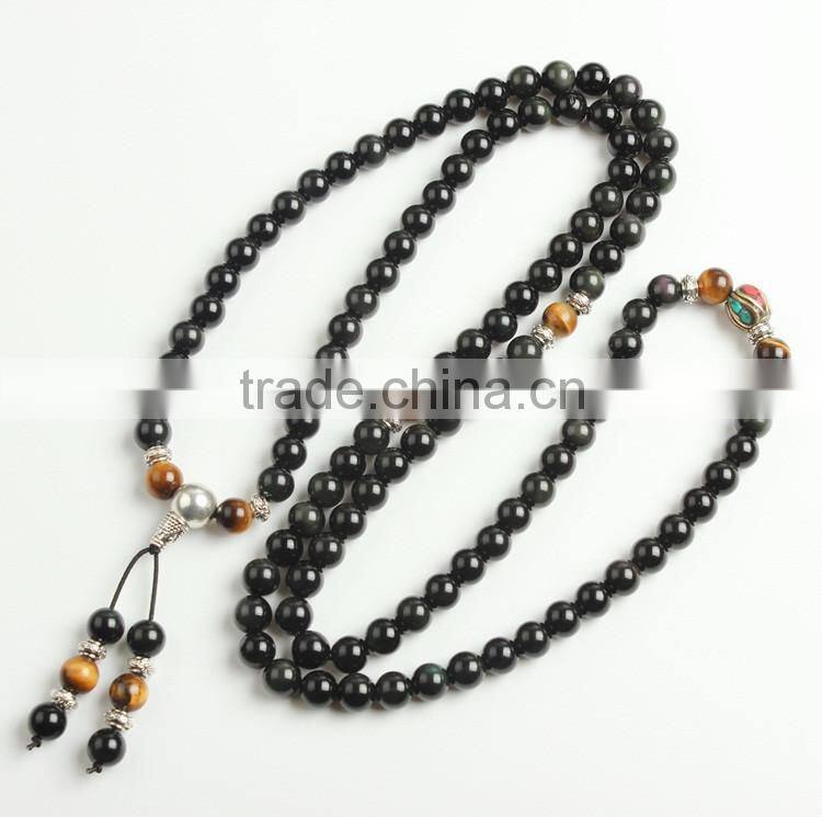 8mm Multilayer yellow Tiger Eye and black Obsidian Malas Prayer Beads Bracelet