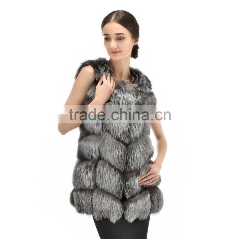 2015 Winter Latest design Long Style Nature Fox Fur Vest With trimming