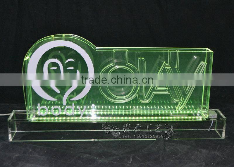 acrylic LED logo display stand lucite edge lit sign for Olay brand wine immit stand