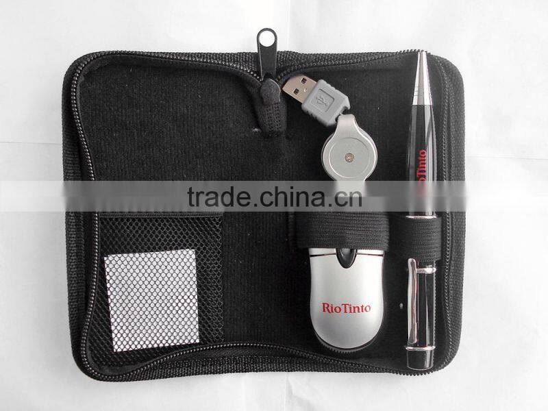 World Travel Kit Driver Pen+USB Flash Driver + USB Retractable Computer Mosue with Portable Bag