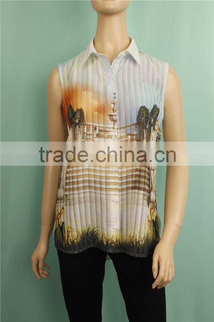 2016 S/S stripe front print sleeveless lady summer shirt designs