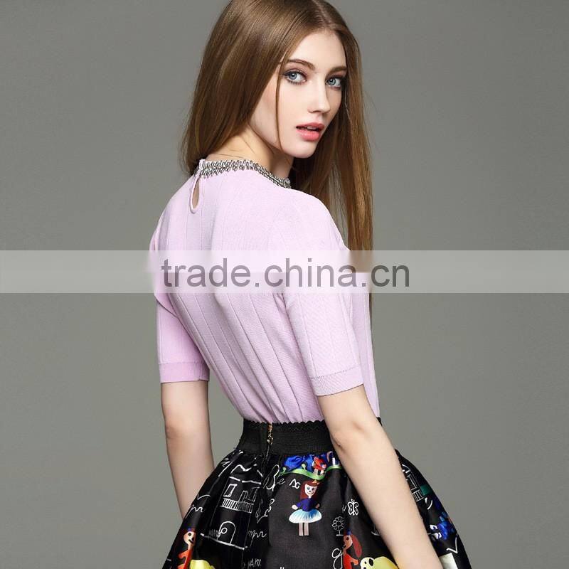 lady's knit round-neck with beads 3/4 sleeve pullover