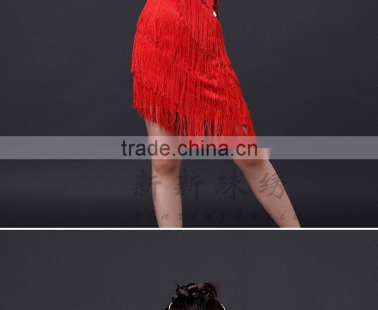 2016 Children Dance Skirt with Sleeves Sequins Latin Dresses Backless Fringe Children Latin Dance Dress for Girls Competition