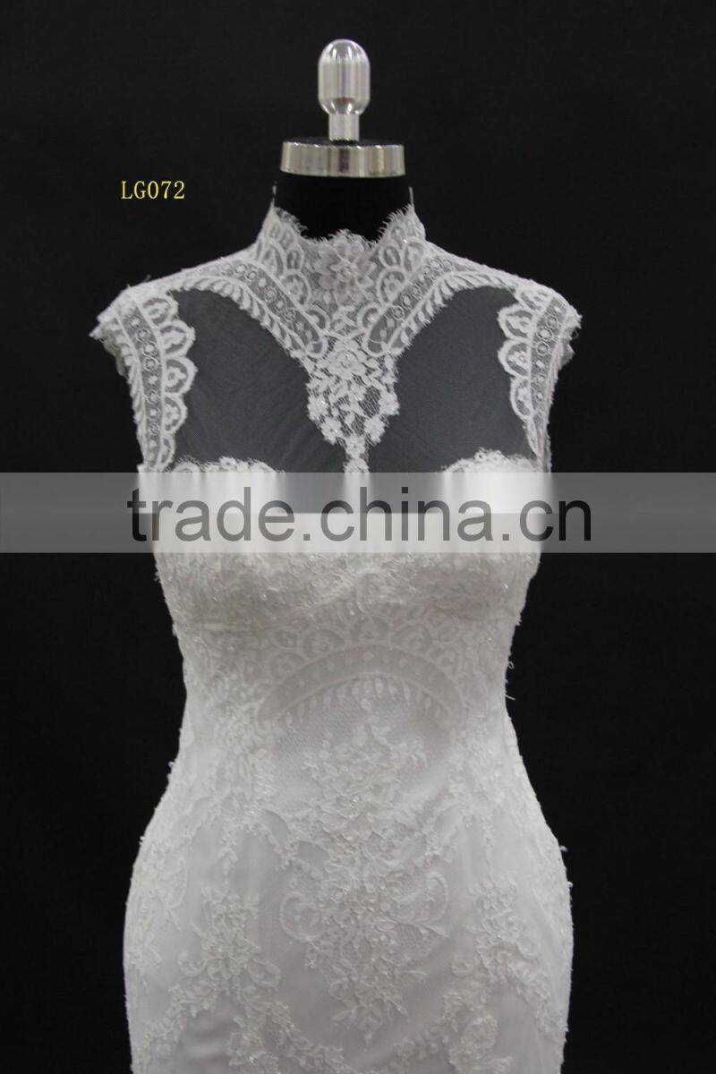 high neckline french lace collar with buttons mermaid wedding dress