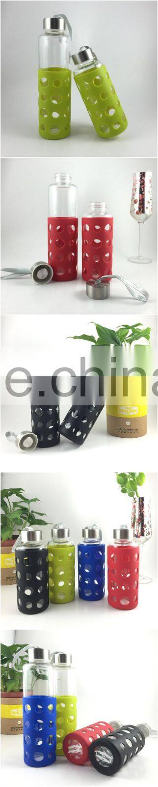 400ML Mochic crystal anti-slip silicone smart flat glass water bottle