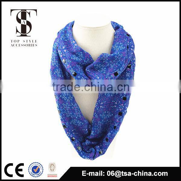 high quality printed women neck scarf blue color voile polyester scarve